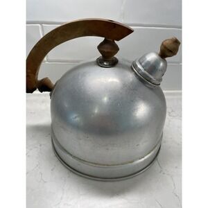 Vintage Aluminum Whistle Tea Kettle Wood Handle, Cottage core, Farm Decor